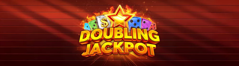 Bannière promotionnelle Doubling Jackpot avec dés colorés, étoile dorée et arrière-plan rouge lumineux