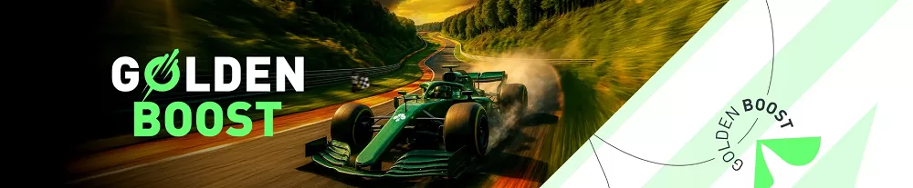 Voiture de Formule 1 verte sur le circuit de Spa, avec l’effet de boost visuel Golden Boost en arrière-plan dynamique