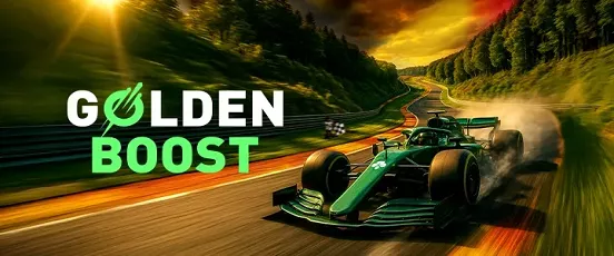 Voiture de Formule 1 sur le circuit de Spa-Francorchamps avec l’inscription Golden Boost en vert sur fond de coucher de soleil