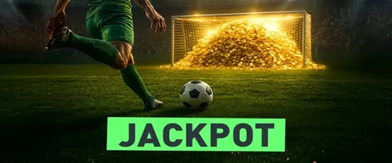 Joueur de football tirant vers un but rempli de pièces d’or avec le mot jackpot, symbole du Jackpot JPL de Golden Palace Sport