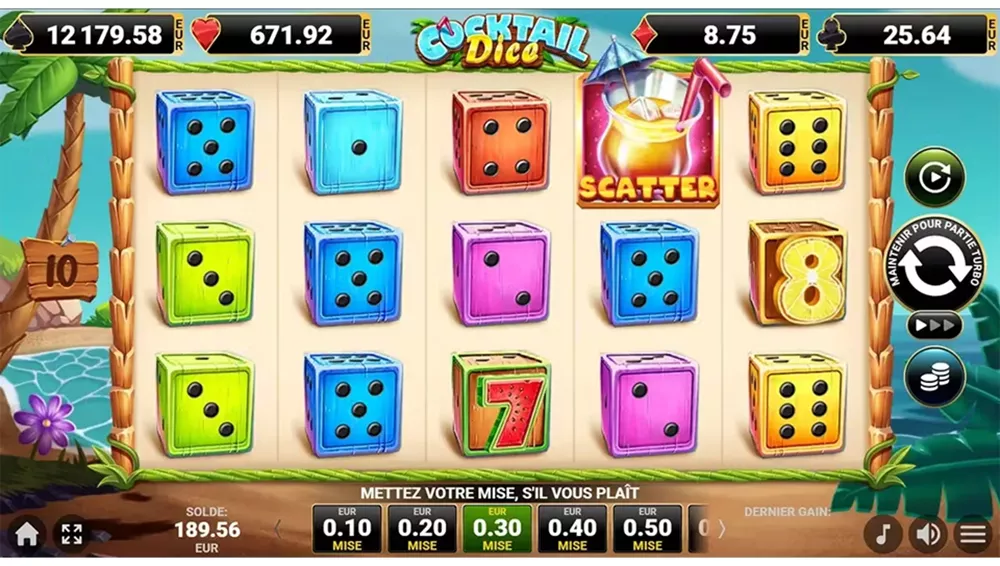 Jeu Cocktail Dice de Amusnet sur Golden Vegas Casino avec dés colorés et ambiance tropicale