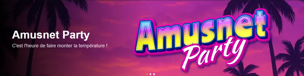 Bannière du tournoi Amusnet Party sur Golden Vegas Casino avec slogan estival et visuel de palmiers au coucher du soleil