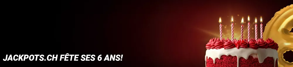 Gâteau d’anniversaire rouge avec 6 bougies allumées pour les 6 ans du Casino Suisse Jackpots.ch, sur fond noir et rouge élégant