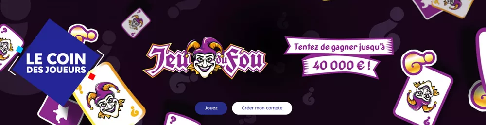 Illustration du jeu à gratter Illiko Jeu du Fou avec gain possible jusqu’à 40 000 € et visuel de cartes joker