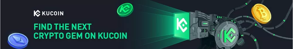 Illustration futuriste KuCoin mettant en avant les cryptos Bitcoin et Ethereum avec le slogan Crypto Gem