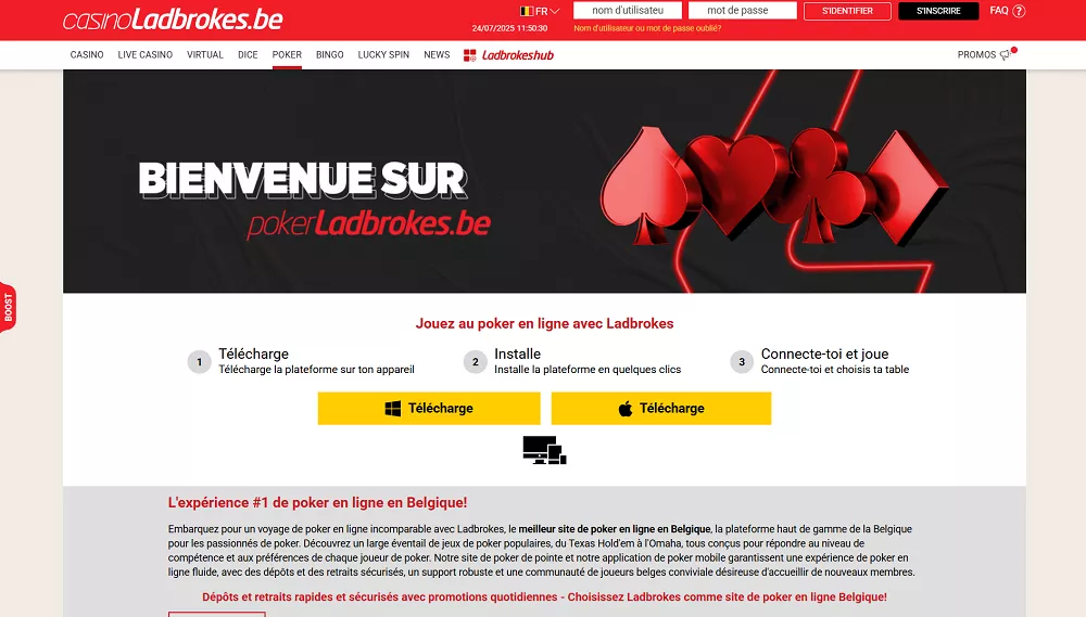 Page d'accueil de Ladbrokes Poker Belgique
