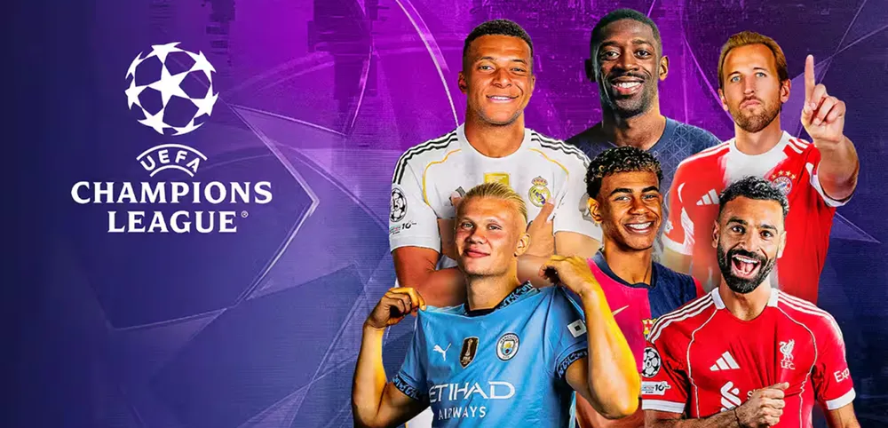 Affiche promotionnelle de la Ligue des Champions avec Mbappé, Haaland, Salah et d’autres stars du football européen