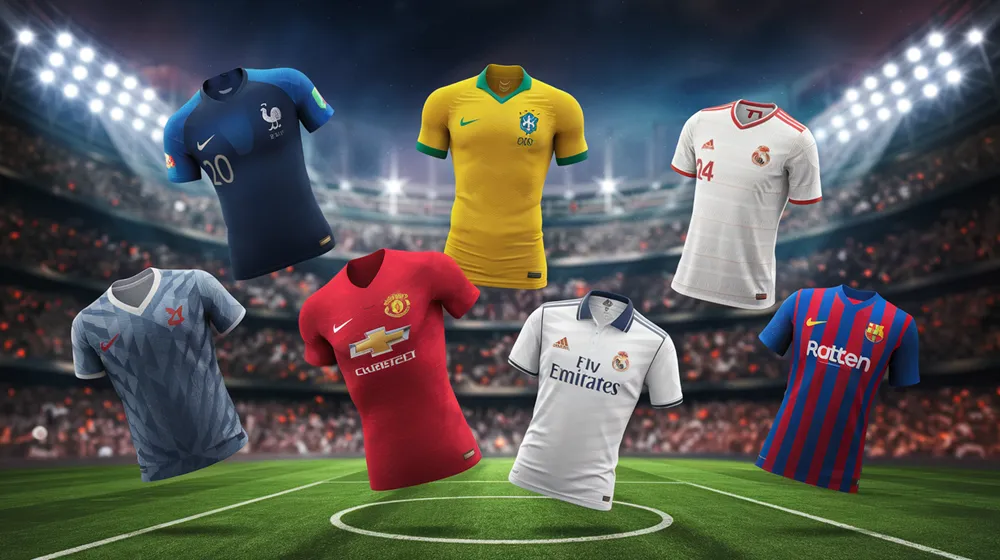 Sélection de maillots de football iconiques flottant dans un stade illuminé, représentant 25 ans de légendes et de victoires
