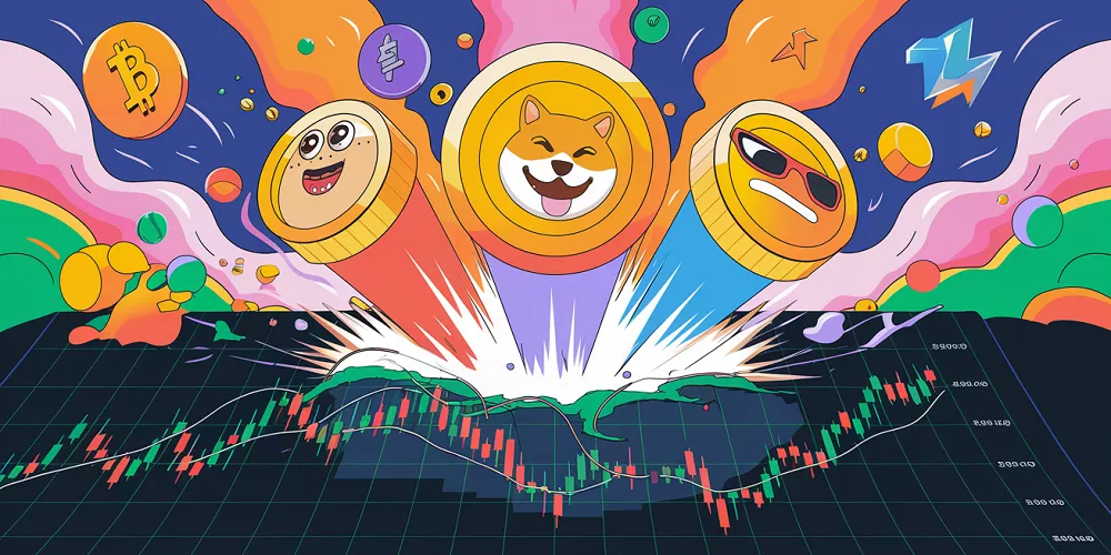 Jetons memecoins explosant sur un graphique haussier crypto avec mascottes colorées et symboles de blockchain