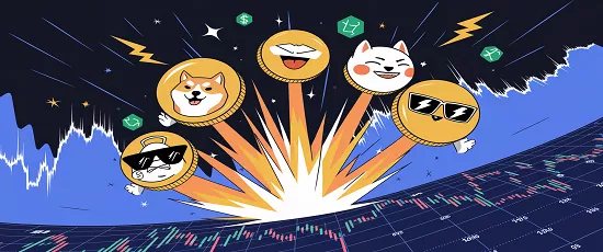 Explosion de memecoins avec mascottes stylisées sur fond de graphique crypto haussier et jetons en plein essor