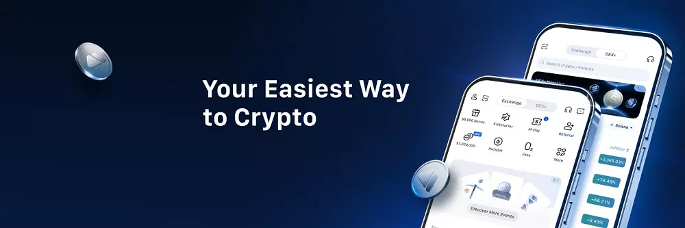 Application mobile MEXC affichée sur deux smartphones avec l'inscription Your Easiest Way to Crypto sur fond bleu foncé