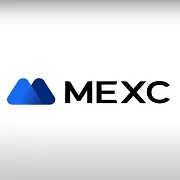 Logo officiel de la plateforme MEXC sur fond blanc avec design en dégradé bleu et texte noir en lettres capitales