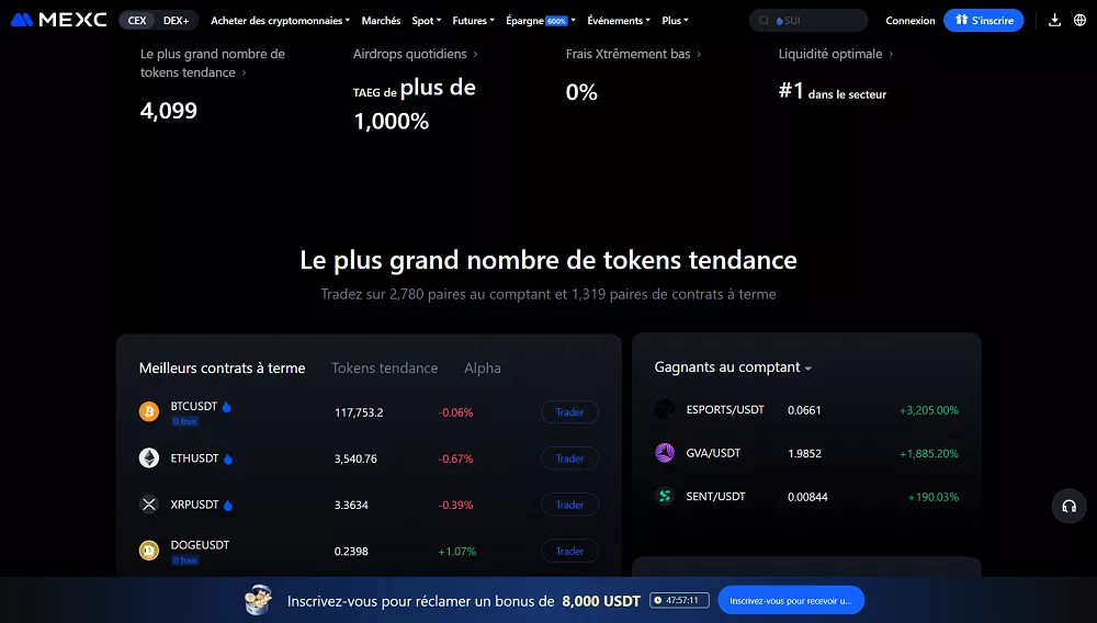 Page d'accueil de MEXC montrant les tokens tendance, les meilleurs contrats à terme et les gagnants au comptant