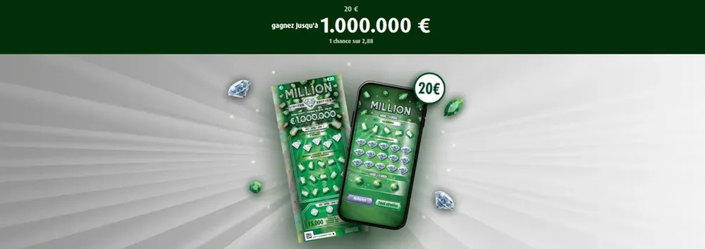 Visuel du jeu Million de la Loterie Nationale belge avec ticket et version mobile affichant un gain potentiel de 1.000.000 €