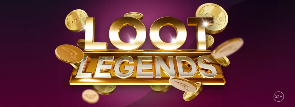 Visuel promotionnel Loot Legends sur Napoleon Casino avec des pièces dorées et un logo brillant sur fond violet