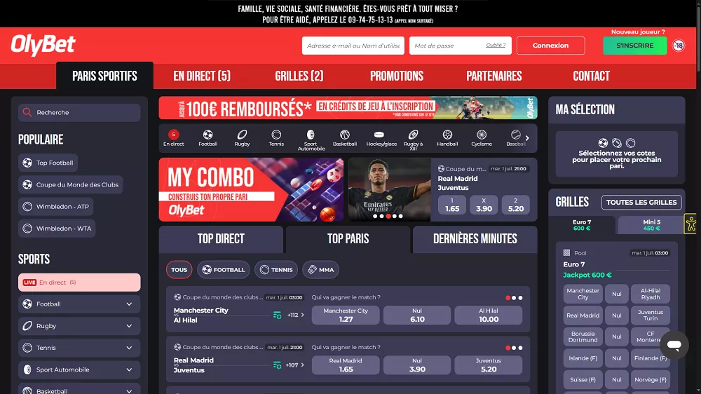 Page d’accueil du site Olybet avec paris sportifs en direct, offres et My Combo
