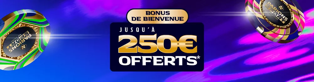 Visuel du bonus de bienvenue Parions Sport Poker avec jusqu’à 250 € offerts en cash à débloquer pour les nouveaux joueurs