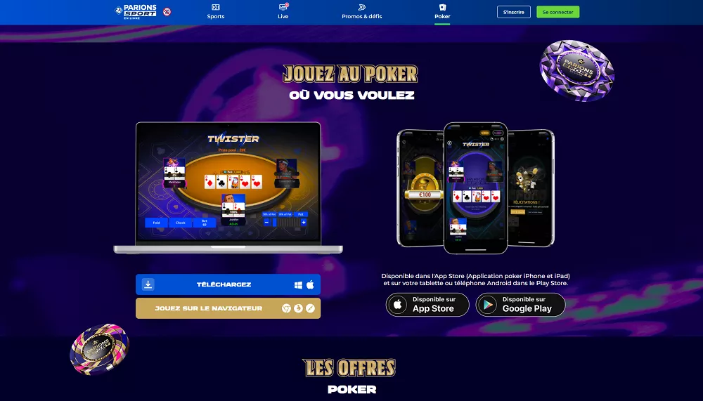 Page d'accueil de Parions Sport Poker avec l'application mobile et l'interface desktop pour jouer au poker en ligne