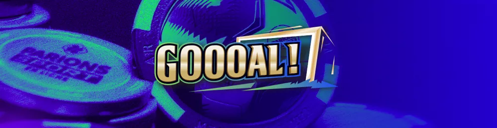 Visuel promotionnel Parions Sport Poker Goooal avec jetons et ballon stylisé en arrière-plan