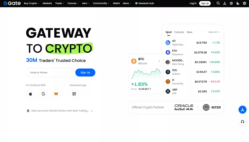 Page d’accueil de Gate, plateforme crypto avec cours en temps réel et inscription rapide pour les nouveaux utilisateurs