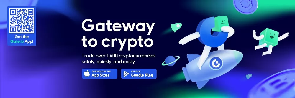 Visuel promotionnel de Gate avec mascottes crypto, application mobile et message d’accès sécurisé à plus de 1 400 cryptomonnaies