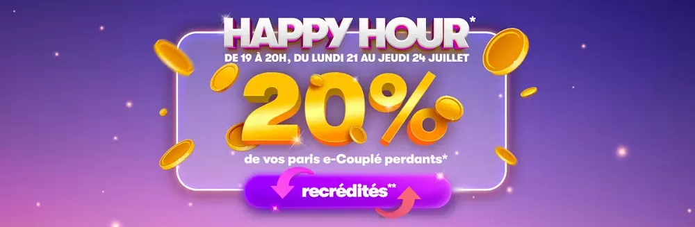 Visuel promotionnel PMU.fr Happy Hour avec 20 % recrédités sur les paris e-Couplé perdants du 21 au 24 juillet