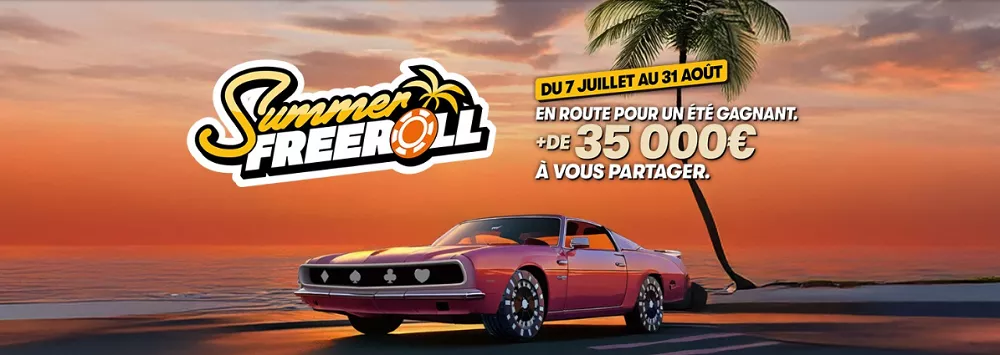 Visuel PMU Poker Summer Freeroll 2025 avec voiture rose, palmiers et dotation de 35 000€ à gagner jusqu’au 31 août