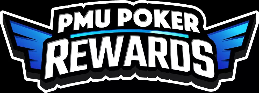 Logo PMU Poker Rewards avec ailes bleues stylisées et lettrage blanc sur fond transparent