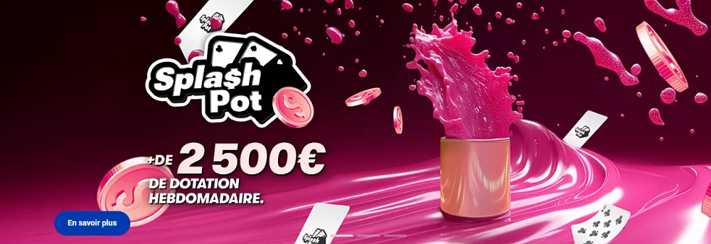Promotion Splash Pot PMU Poker avec plus de 2 500€ à gagner par semaine en blindes gratuites sur fond rose dynamique