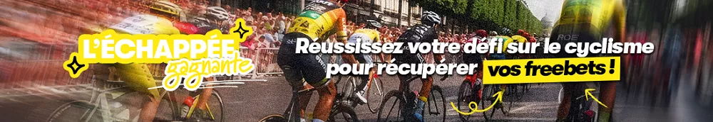 PMU Sport L’échappée Gagnante avec cyclistes en pleine course et message promotionnel sur les freebets à gagner