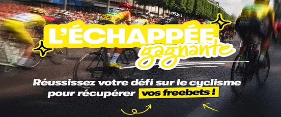PMU Sport L’échappée Gagnante avec cyclistes en course et message sur la récupération de freebets