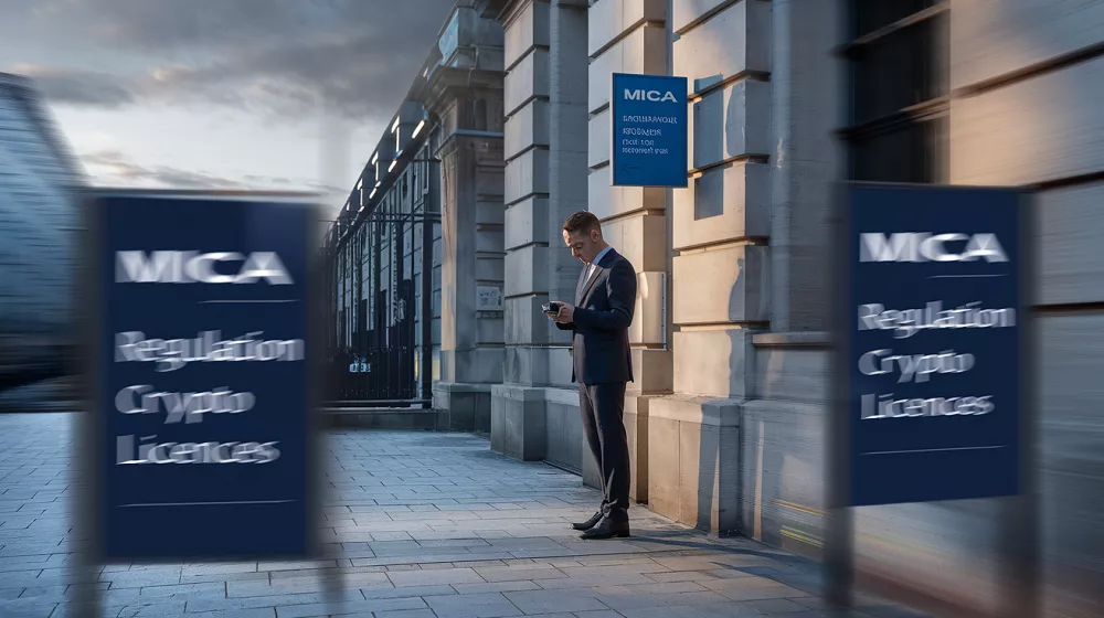 Un homme en costume debout devant un bâtiment officiel, entouré de panneaux MICA liés à la réglementation crypto France