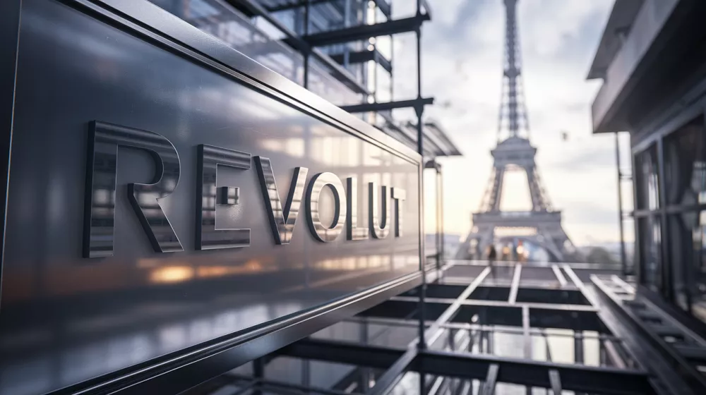 Logo Revolut en façade d’un immeuble moderne avec la Tour Eiffel floutée en arrière-plan, symbolisant le nouveau siège à Paris