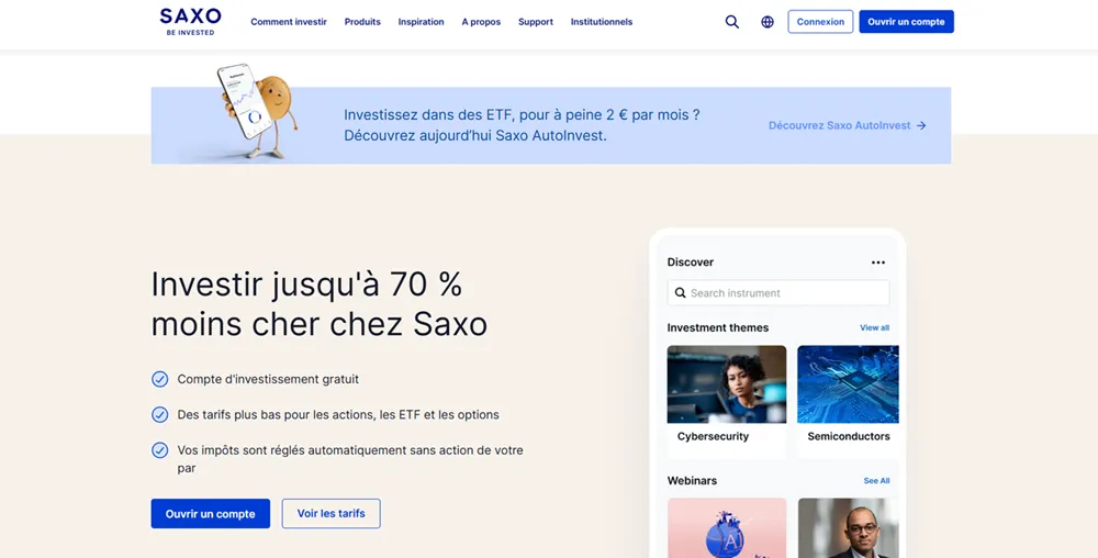 Page d'accueil de la plateforme d'investissement Saxo