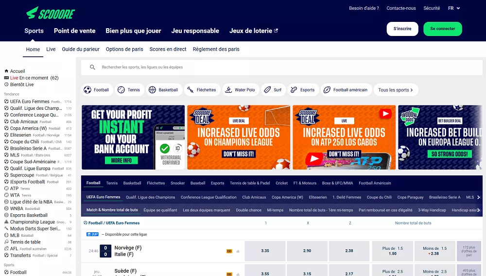 Page d’accueil du site de paris sportifs Scooore avec navigation par sport, cotes et paris en direct affichés