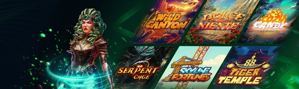 Visuel Stakelogic présentant des machines à sous comme Wild Canyon, Serpent Cage et Tiger Temple, avec graphismes immersifs