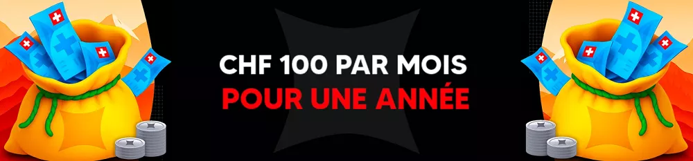 Swiss4win offre 100 CHF par mois pendant un an, argent suisse dans sacs dorés
