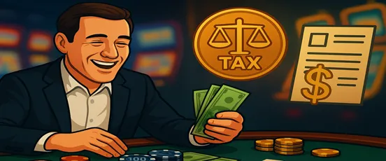 Joueur gagnant de l’argent au casino avec des billets, jetons et EuroMillions, évoquant la taxe sur les jeux d’argent