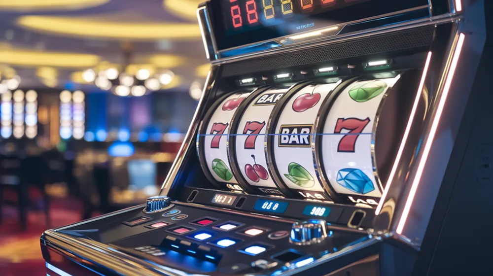 Machine à sous moderne en gros plan avec symboles 7, BAR, cerises et diamants dans un casino en ligne
