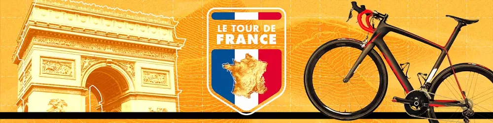 Illustration du Tour de France avec l’Arc de Triomphe, un vélo de course et le logo officiel sur fond orange