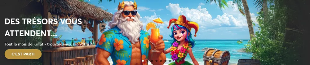 Des personnages festifs sur une plage tropicale annoncent les trésors à gagner en juillet sur le casino Golden Palace