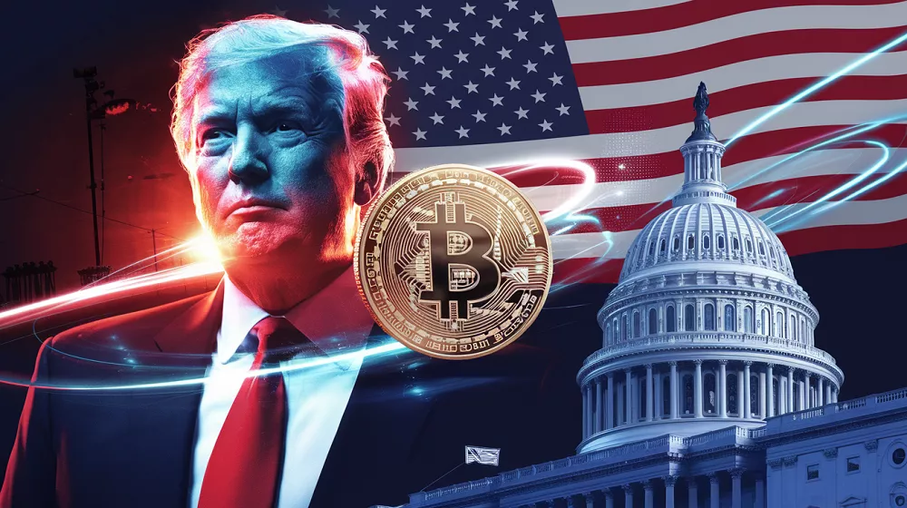 Donald Trump, un bitcoin et le Capitole devant un drapeau américain, symbolisant la politique crypto des États-Unis