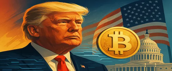 Donald Trump devant le Capitole américain avec un symbole Bitcoin et un drapeau des États-Unis en arrière-plan