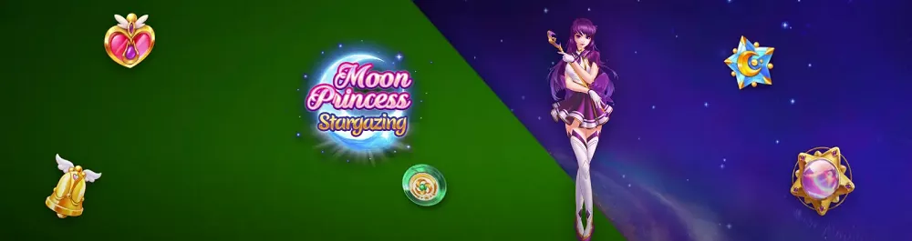 Visuel officiel de la machine à sous Moon Princess Stargazing sur Unibet Casino Belgique avec héroïne et symboles magiques
