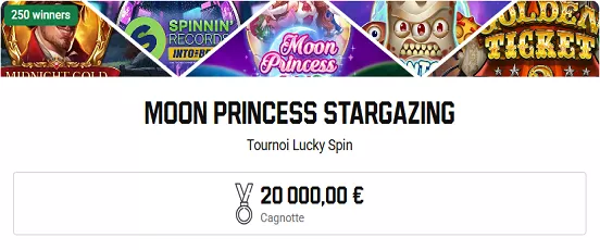Bannière du tournoi Moon Princess Stargazing sur Unibet Casino Belgique avec 20 000 € de cagnotte et 250 gagnants