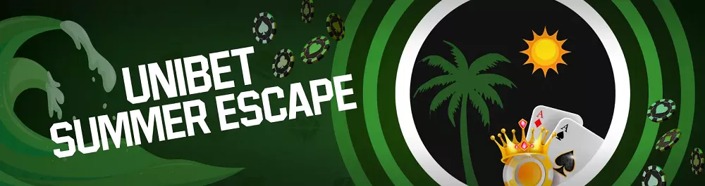 Visuel promotionnel Unibet Summer Escape avec jetons de casino, cartes et ambiance estivale