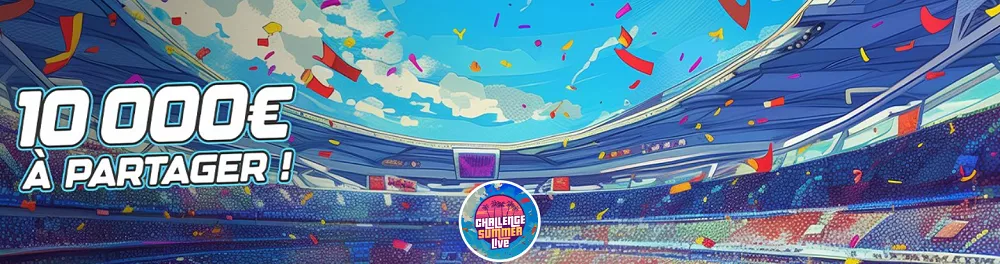 Stade rempli de confettis avec l'inscription 10 000€ à partager pour le Challenge Summer Live d'Unibet.fr