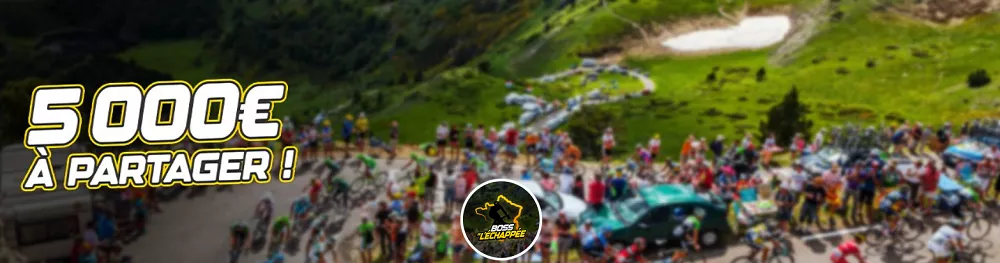 Peloton cycliste en montagne avec le texte “5 000€ à partager” pour la promotion Unibet Turf