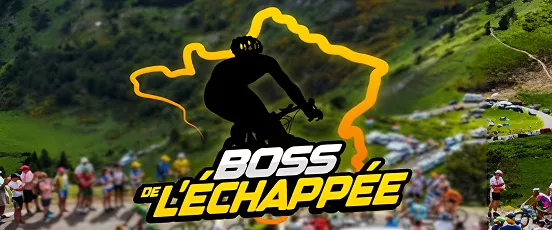 Logo Boss de l’Échappée avec cycliste sur fond de montagne, visuel officiel de la promotion Unibet Turf cyclisme