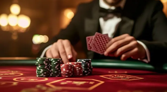 Croupier en smoking distribuant des cartes avec des jetons empilés sur une table de jeu dans un casino en ligne élégant